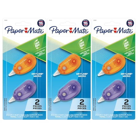 Paper Mate Liquid Paper DryLine Micro Correction Tape, 2 Assorted Colors Per Pack, 3PK 1742425